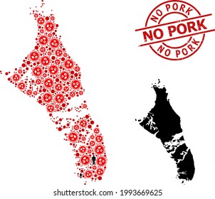 Collage map of Bahamas - Andros Island composed of SARS virus elements and demographics elements. No Pork distress seal. Black person elements and red sars virus icons.