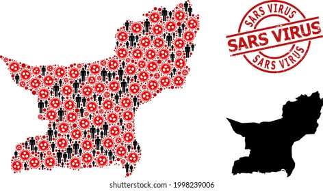 Collage map of Balochistan Province composed of virus icons and humans icons. Sars Virus scratched seal. Black crowd icons and red covid virus icons. Sars Virus title is inside round seal stamp.