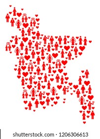 Collage map of Bangladesh designed with red marriage men. Vector lovely geographic abstraction of map of Bangladesh with red marriage symbols. Romantic flat design for marriage purposes.