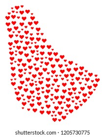 Collage map of Barbados created with red love hearts. Vector lovely geographic abstraction of map of Barbados with red romantic symbols. Romantic design for patriotic illustrations.