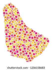 Collage map of Barbados formed with colored flat stars. Vector colored geographic abstraction of map of Barbados with red, yellow, orange stars. Festive design for Xmas illustrations.