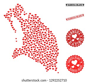 Collage map of Barbuda Island created with red love hearts, and grunge watermarks for dating. Vector lovely geographic abstraction of map of Barbuda Island with red dating symbols.