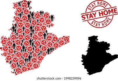 Collage map of Barcelona Province constructed from virus outbreak items and humans items. Stay Home distress stamp. Black man items and red flu virus items. Stay Home caption inside round seal stamp.