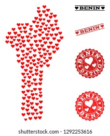 Collage map of Benin formed with red love hearts, and grunge watermarks for dating. Vector lovely geographic abstraction of map of Benin with red dating symbols. Romantic design for wedding posters.