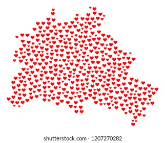 Collage map of Berlin City formed with red love hearts. Vector lovely geographic abstraction of map of Berlin City with red romantic symbols. Romantic design for bonus purposes.