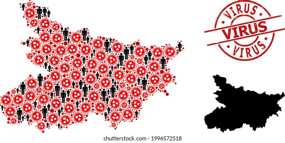 Kollage Karte des Bihar-Staates bestehend aus Elementen des Coronavirus und Menschen. Virus-Stempel. Schwarze Menschen Symbole und rote Coronavirus-Elemente. Der Virus-Satz ist im runden Stempel.