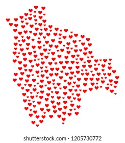 Collage map of Bolivia created with red love hearts. Vector lovely geographic abstraction of map of Bolivia with red romantic symbols. Romantic design for relations purposes.