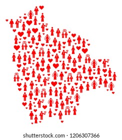 Collage map of Bolivia designed with red lovely people. Vector lovely geographic abstraction of map of Bolivia with red romance symbols. Romantic flat design for dating purposes.