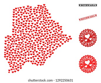 Collage map of Botswana designed with red love hearts, and rubber stamp seals for dating. Vector lovely geographic abstraction of map of Botswana with red romantic symbols.