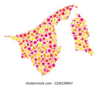 Collage map of Brunei created with colored flat stars. Vector colored geographic abstraction of map of Brunei with red, yellow, orange stars. Festive design for New Year illustrations.
