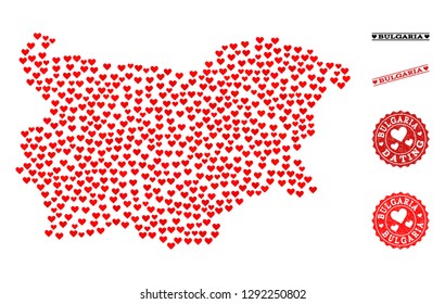 Collage map of Bulgaria formed with red love hearts, and rubber stamp seals for dating. Vector lovely geographic abstraction of map of Bulgaria with red romantic symbols.