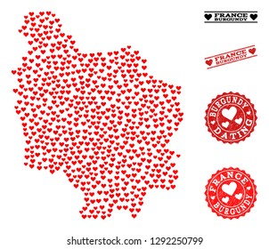 Collage map of Burgundy Province composed with red love hearts, and rubber watermarks for dating. Vector lovely geographic abstraction of map of Burgundy Province with red romantic symbols.