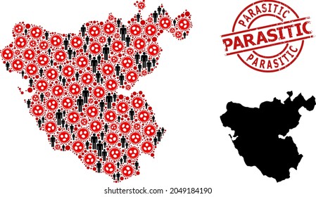 Collage map of Cadiz Province constructed from covid virus icons and humans elements. Parasitic scratched seal stamp. Black man elements and red flu virus elements.