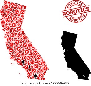 Collage map of California designed from covid infection icons and people items. Robotics textured stamp. Black men items and red covid-2019 icons. Robotics message inside round seal stamp.