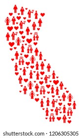 Collage map of California formed with red lovely brides and grooms. Vector lovely geographic abstraction of map of California with red wedding symbols. Romantic flat design for wedding purposes.