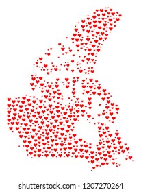 Collage map of Canada formed with red love hearts. Vector lovely geographic abstraction of map of Canada with red romantic symbols. Romantic design for patriotic applications.