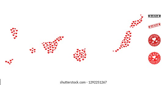 Collage map of Canary Islands composed with red love hearts, and grunge stamp seals for Valentines day. Vector lovely geographic abstraction of map of Canary Islands with red valentine symbols.