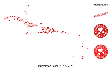 Collage map of Caribbean Islands composed with red love hearts, and rubber watermarks for dating. Vector lovely geographic abstraction of map of Caribbean Islands with red amour symbols.