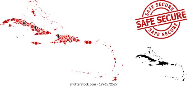 Mapa de colonias de las Islas del Caribe construido a partir de objetos del virus SARS y objetos masculinos. Sello de textura seguro. Iconos de hombres negros y objetos de coronavirus rojo. Segura frase dentro del sello redondo.