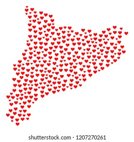 Collage map of Catalonia composed with red love hearts. Vector lovely geographic abstraction of map of Catalonia with red romantic symbols. Romantic design for wedding illustrations.