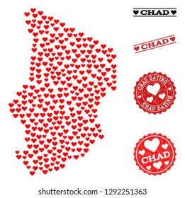 Collage map of Chad formed with red love hearts, and rubber watermarks for dating. Vector lovely geographic abstraction of map of Chad with red dating symbols. Romantic design for wedding purposes.