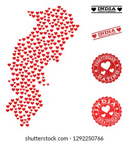 Collage map of Chhattisgarh State formed with red love hearts, and rubber stamp seals for dating. Vector lovely geographic abstraction of map of Chhattisgarh State with red dating symbols.