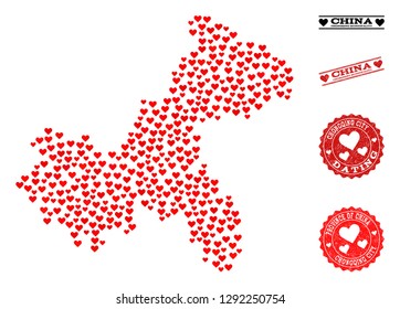 Collage map of Chongqing Municipality designed with red love hearts, and grunge stamp seals for dating. Vector lovely geographic abstraction of map of Chongqing Municipality with red romantic symbols.