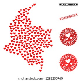 Mapa de collage de Colombia creado con corazones rojos de amor y Marcas de agua de goma para el día de San Valentín. Vector preciosa abstracción geográfica del mapa de Colombia con simbolos rojos románticos.