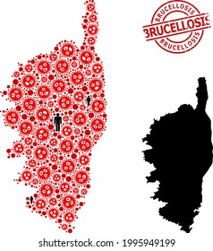 Mapa de grupos de Córcega compuesto de objetos virales y objetos humanos. Sello de foca gruesa Brucellosis. Artículos de la multitud negra y del virus de la gripe roja. La frase de brucelosis está dentro de la foca redonda.