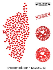 Collage map of Corsica created with red love hearts, and grunge stamp seals for dating. Vector lovely geographic abstraction of map of Corsica with red romantic symbols.