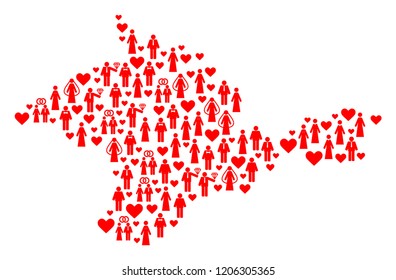 Collage map of Crimea formed with red lovely persons. Vector lovely geographic abstraction of map of Crimea with red romantic symbols. Romantic flat design for wedding applications.