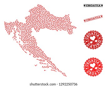 Collage map of Croatia designed with red love hearts, and grunge watermarks for Valentines day. Vector lovely geographic abstraction of map of Croatia with red romantic symbols.