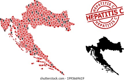 Collage map of Croatia organized from flu virus elements and men icons. Hepatitis C textured stamp. Black person symbols and red flu virus elements. Hepatitis C caption is inside round seal stamp.