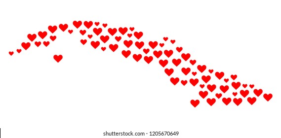 Collage map of Cuba Island created with red love hearts. Vector lovely geographic abstraction of map of Cuba Island with red dating symbols. Romantic design for dating posters.