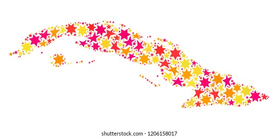 Collage map of Cuba Island designed with colored flat stars. Vector colored geographic abstraction of map of Cuba Island with red, yellow, orange stars. Festive design for Xmas illustrations.