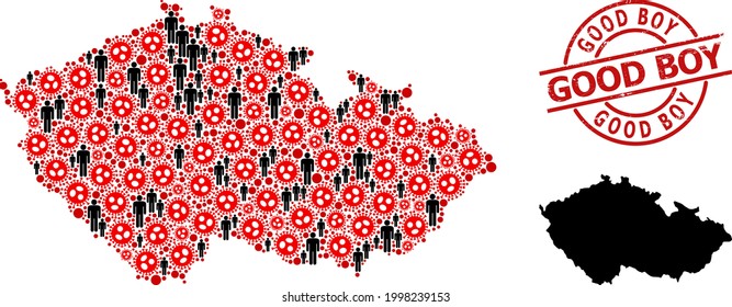 Collage map of Czech Republic united from covid virus icons and men icons. Good Boy textured seal. Black crowd items and red viral icons. Good Boy message inside round seal stamp.