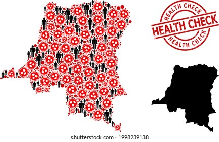 Collage map of Democratic Republic of the Congo composed of virus elements and men items. Health Check distress seal stamp. Black people icons and red SARS virus icons.