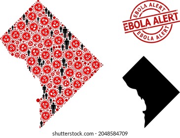 Mapa de grupos del distrito de Columbia a partir de íconos de brotes de virus y objetos masculinos. Estampilla de alerta de ébola. Elementos del hombre negro y elementos del virus de la gripe roja.