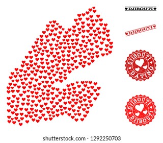 Collage map of Djibouti designed with red love hearts, and rubber stamp seals for dating. Vector lovely geographic abstraction of map of Djibouti with red romantic symbols.