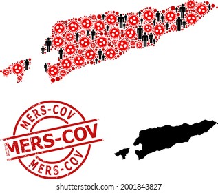 Mapa de grupos de Timor Oriental unidos de elementos de virus cóvidos y elementos demográficos. Insignia de socorro de Mers-Cov. Elementos de personas negras y elementos de virus codificados rojos.
