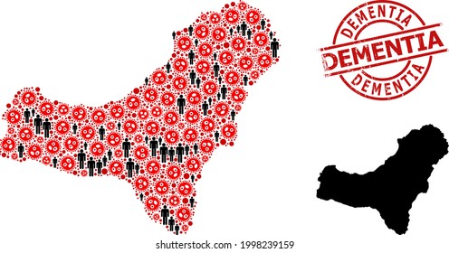 Sammlerkarte der Insel El Hierro, konstruiert aus Grippevirus-Symbolen und Populationselementen. Demenz kratzte den Siegel. Schwarze Männer-Symbole und rote Grippe-Viruselemente. Der Text der Demenz ist in einem runden Siegel.