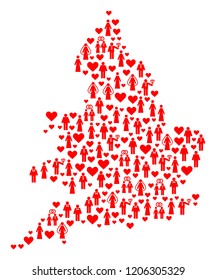 Collage map of England formed with red marriage wives and husbands. Vector lovely geographic abstraction of map of England with red marriage symbols. Romantic flat design for dating projects.