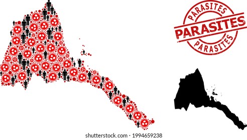 Collage map of Eritrea united from SARS virus items and people elements. Parasites distress watermark. Black men elements and red sars virus elements. Parasites title is inside round watermark.