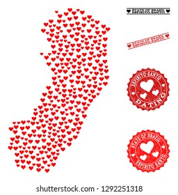 Collage map of Espirito Santo State composed with red love hearts, and rubber watermarks for Valentines day. Vector lovely geographic abstraction of map of Espirito Santo State with red amour symbols.