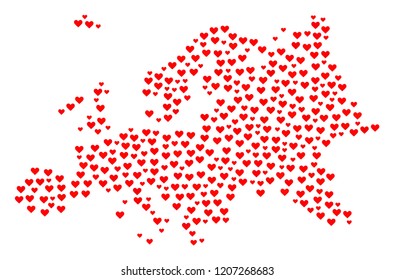 Collage map of Europe composed with red love hearts. Vector lovely geographic abstraction of map of Europe with red romantic symbols. Romantic design for dating illustrations.
