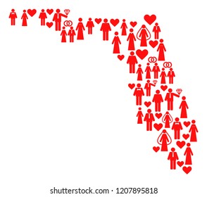 Collage map of Florida State composed with red marriage men and women. Vector lovely geographic abstraction of map of Florida State with red marriage symbols.