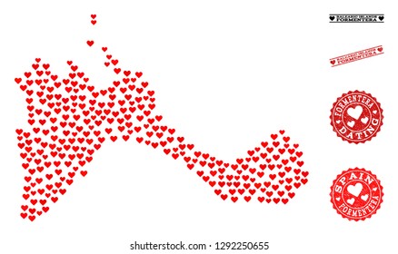 Collage map of Formentera Island designed with red love hearts, and rubber stamp seals for Valentines day. Vector lovely geographic abstraction of map of Formentera Island with red amour symbols.