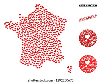 Collage map of France composed with red love hearts, and rubber stamp seals for Valentines day. Vector lovely geographic abstraction of map of France with red amour symbols.