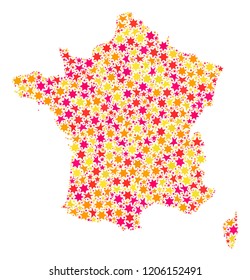 Collage map of France designed with colored flat stars. Vector colored geographic abstraction of map of France with red, yellow, orange stars. Festive design for Christmas illustrations.