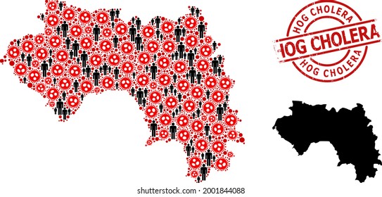 Collage map of French Guinea united from virus items and population elements. Hog Cholera distress seal stamp. Black person icons and red sars virus icons. Hog Cholera caption is inside round seal.